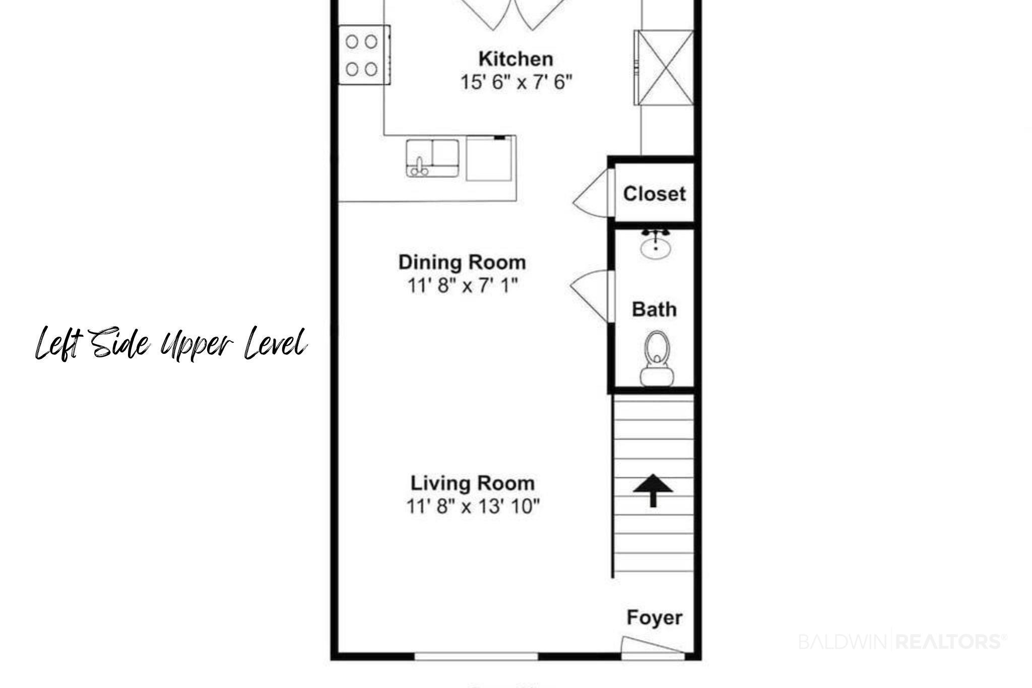 Floor plan of the left-side upper level, showing the kitchen, dining and living rooms, bath, closet, foyer, and stairs.