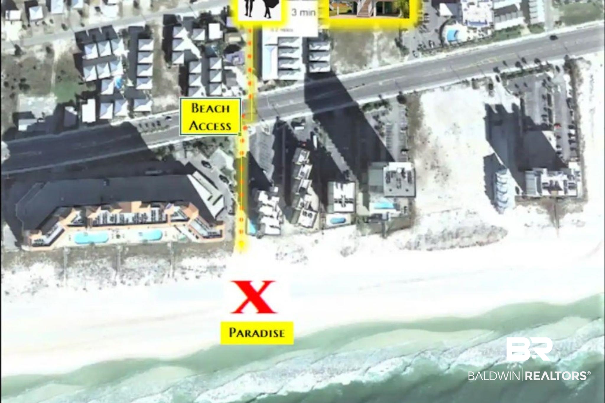 Aerial map marking beach access, a coastal property location, and the nearby beach.