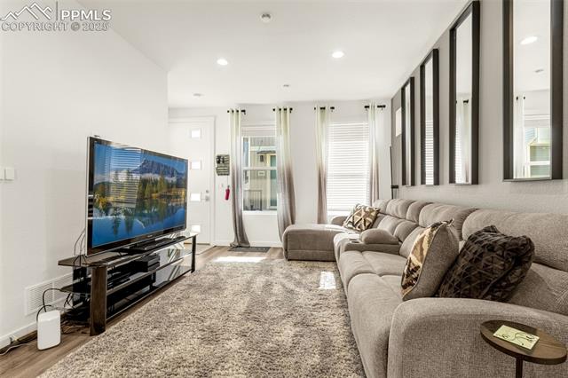 Living room with a gray sectional, shag rug, and television beside bright windows.
