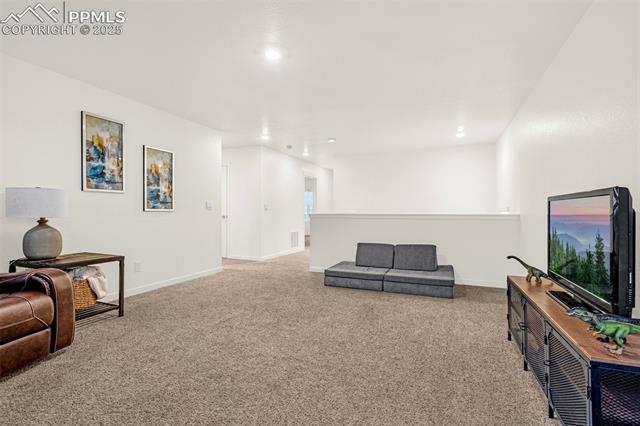 Carpeted living area with a gray sofa, leather chair, framed artwork, and television.