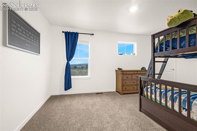Bedroom with a dark wood bunk bed, blue bedding, beige carpet, and two windows.