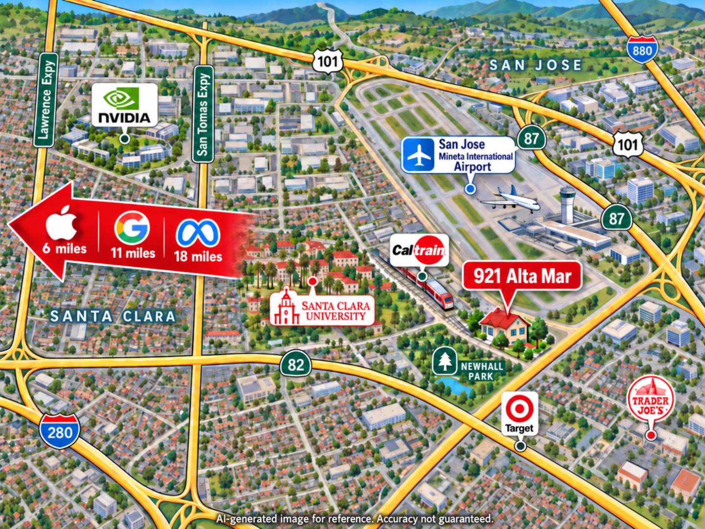 Map locating 921 Alta Mar near San Jose Mineta International Airport, Santa Clara University, and major highways.