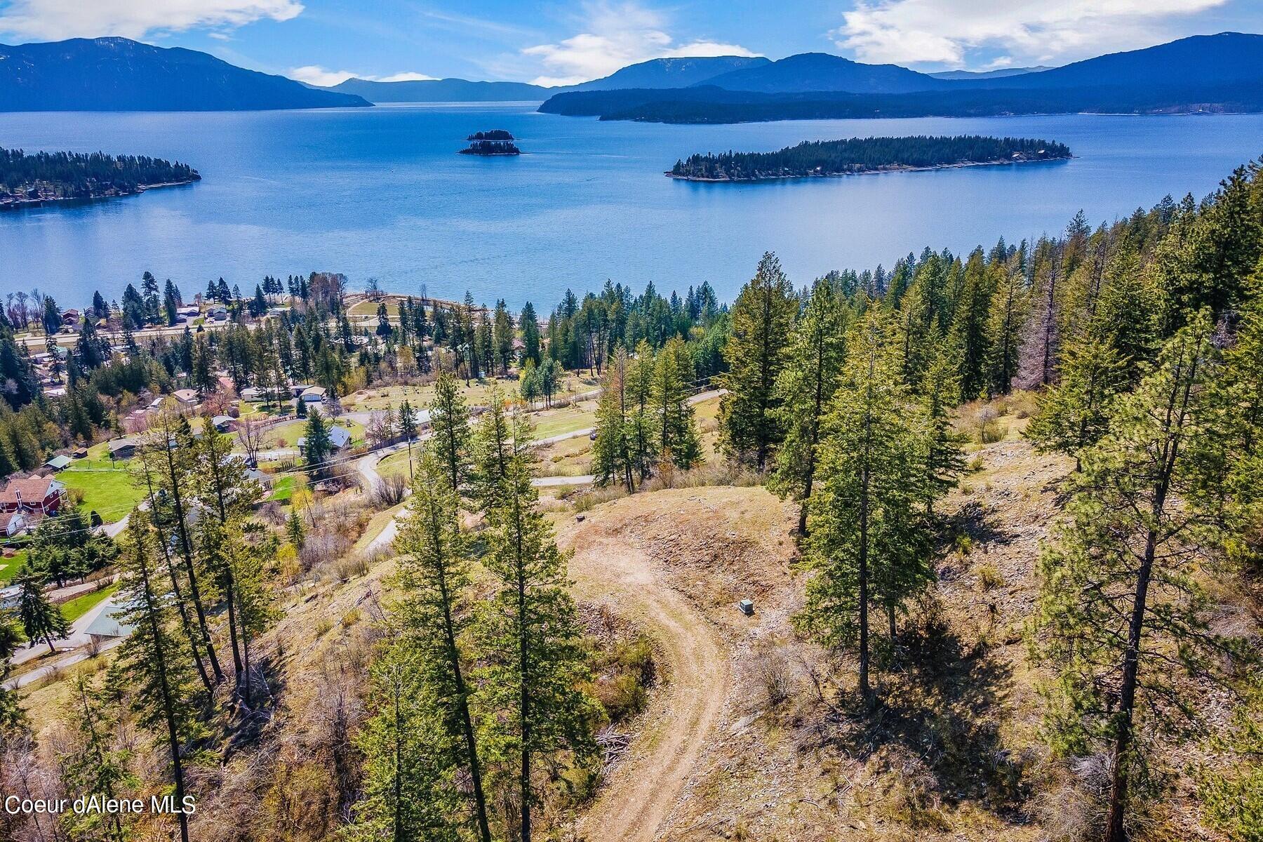 Wooded hillside parcel with a dirt access track overlooking a blue lake, forested islands, and mountains.