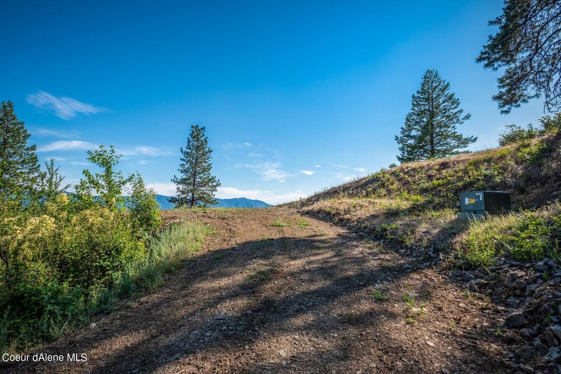 Cleared dirt track crossing a wooded hillside lot, with distant mountains and a utility box.
