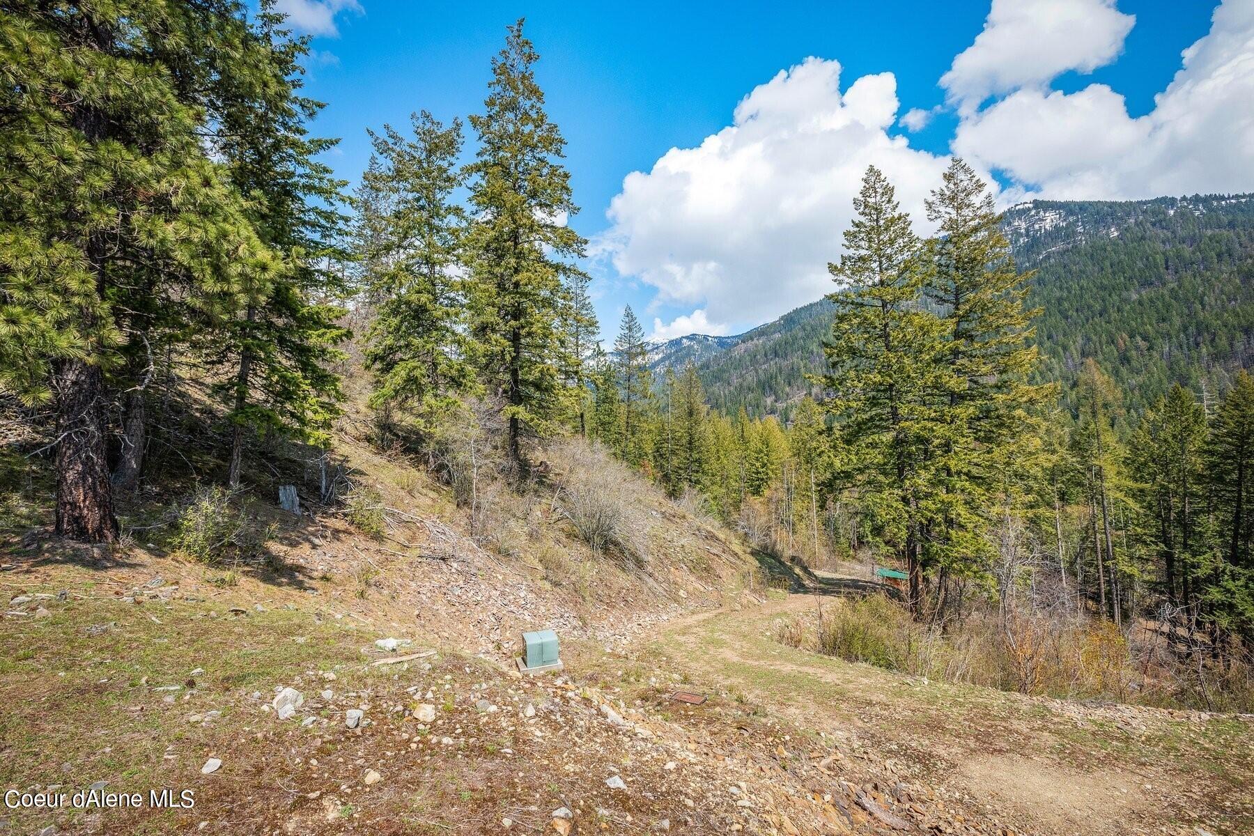Wooded mountain lot with rocky ground, a dirt track, and forested ridges beyond.
