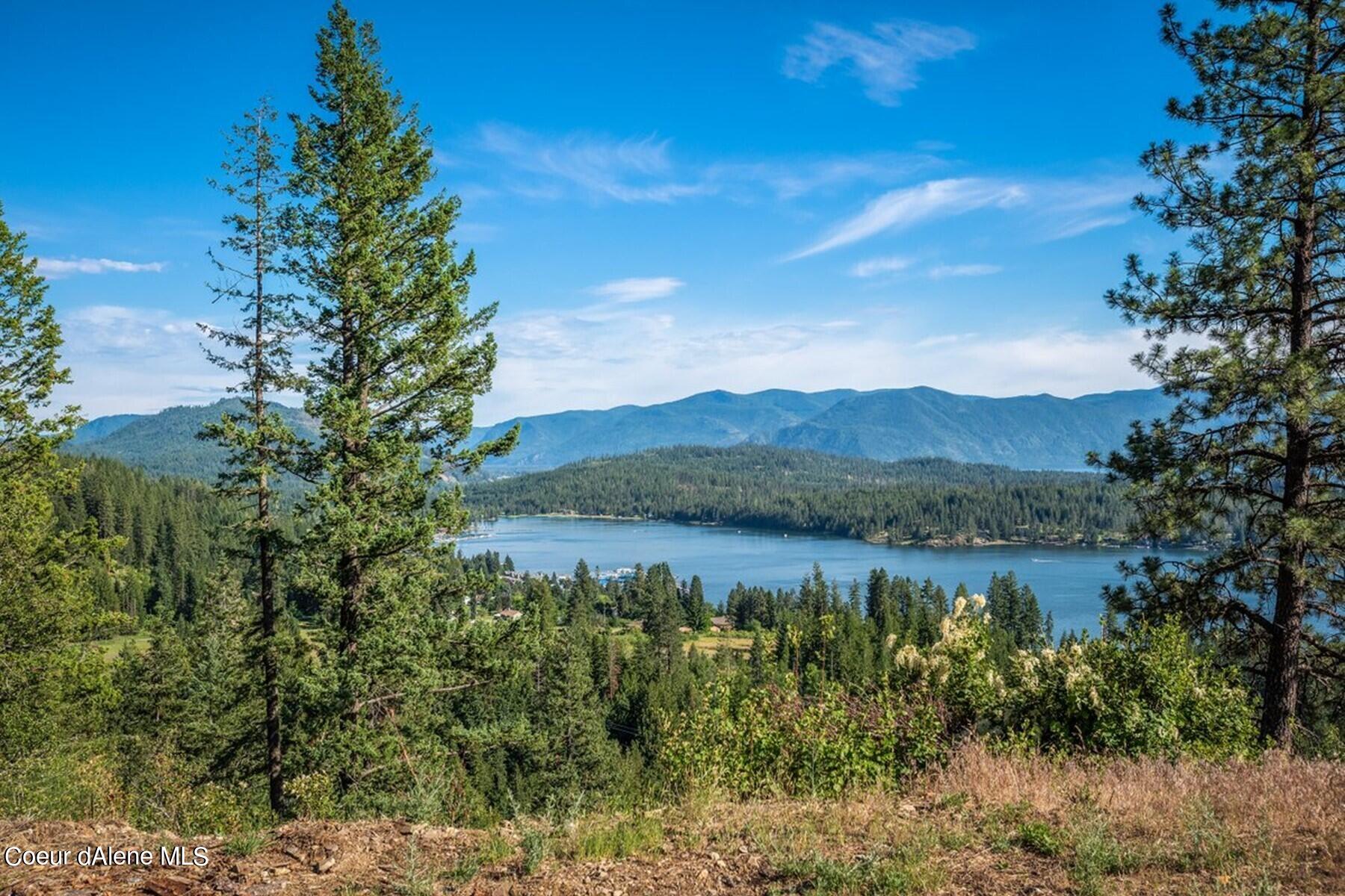 Wooded hillside lot overlooking a lake and forested mountains.