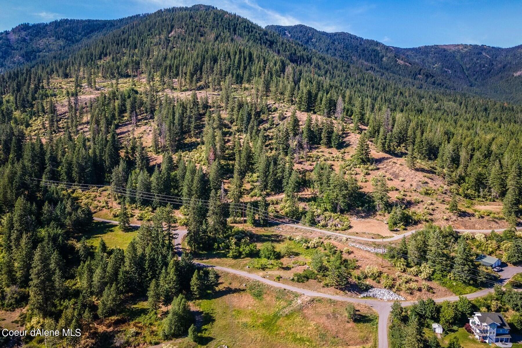 Aerial view of a wooded hillside parcel with cleared patches, mountain ridges, and winding roads.