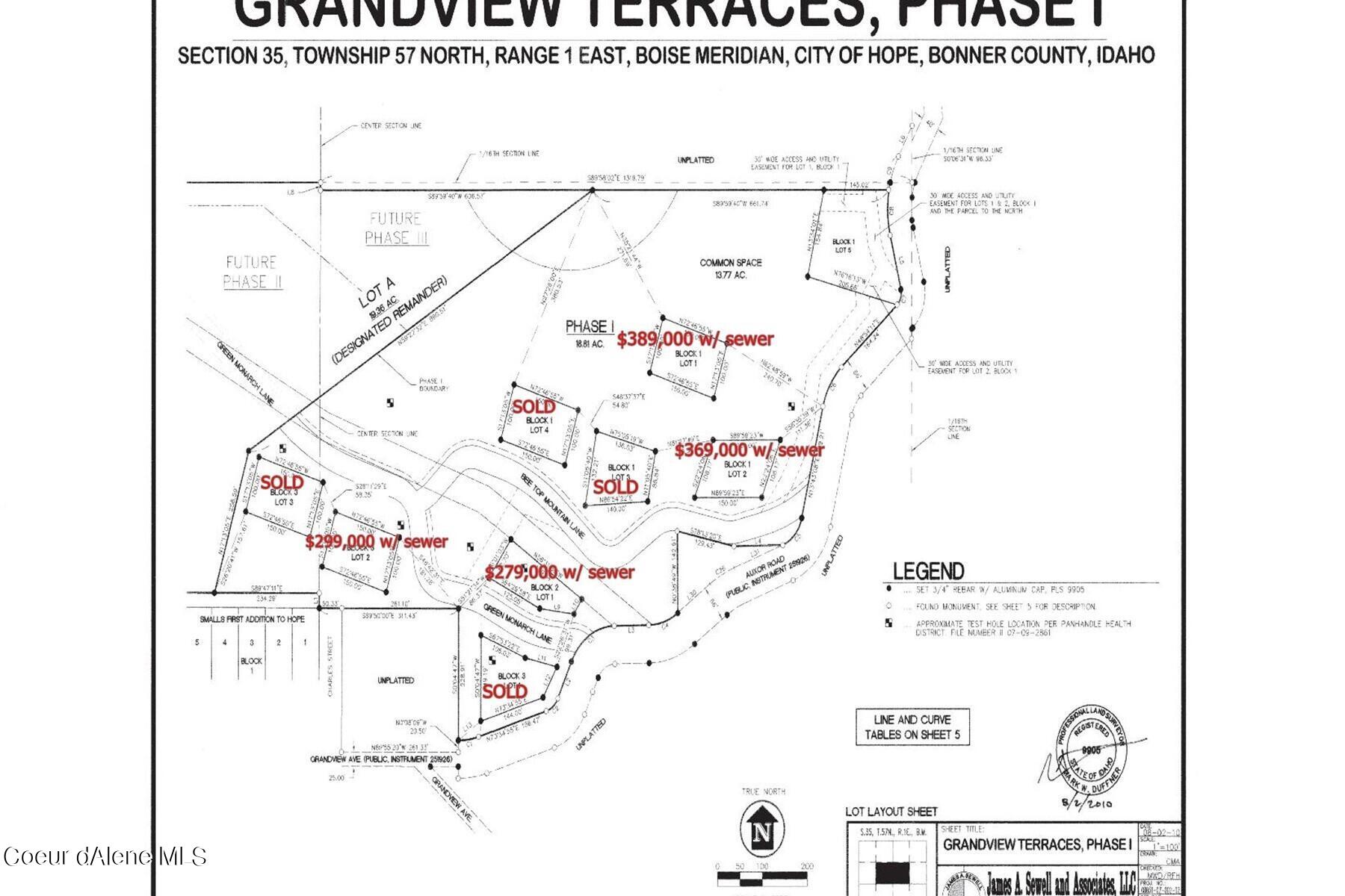 Grandview Terraces Phase I plat map showing surveyed lots, roads, common space, and prices.