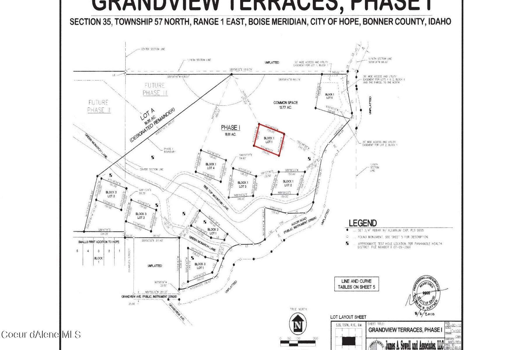Subdivision plat map with Block 1, Lot 1 outlined in red.
