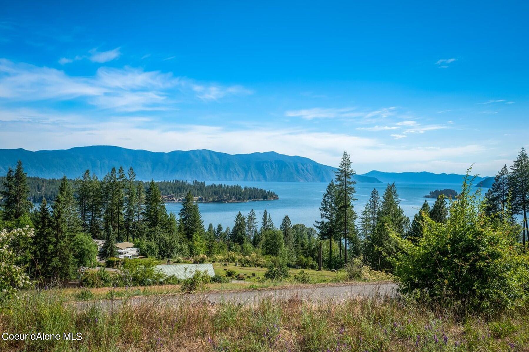 Wooded hillside lot overlooking a blue lake and distant mountain range.