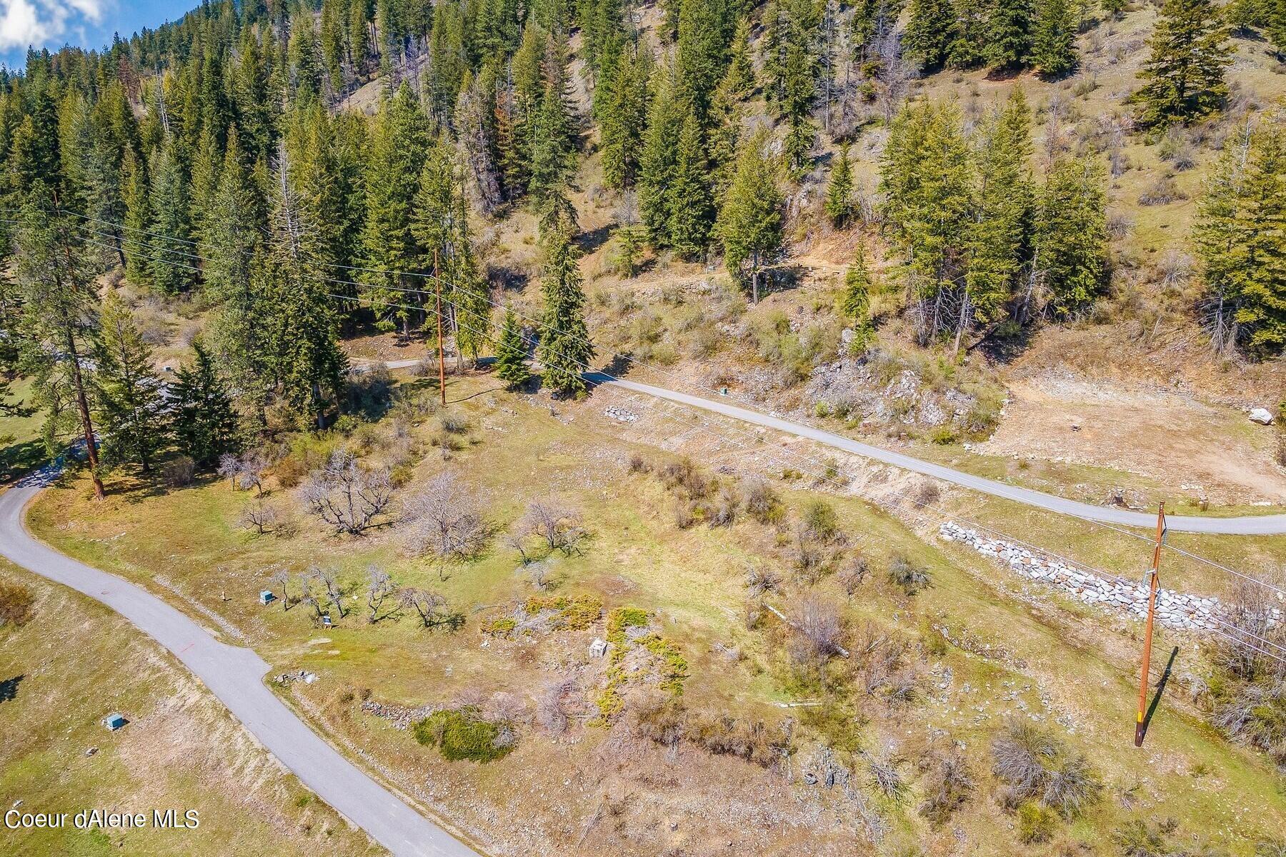 Aerial view of a rural hillside lot with paved road access, pine trees, and utility lines.