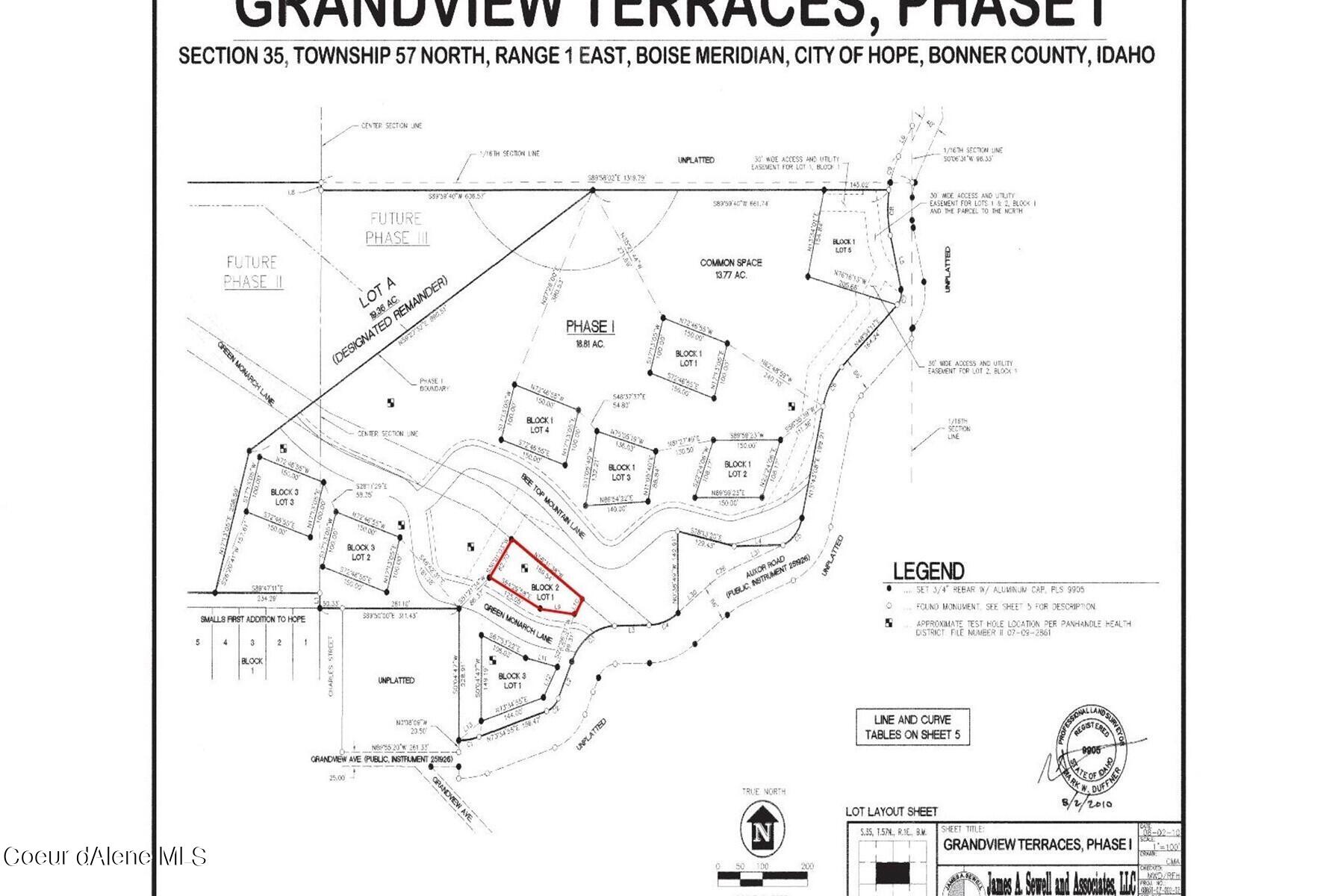 Plat map of Grandview Terraces Phase I with Block 2 Lot 1 outlined in red.