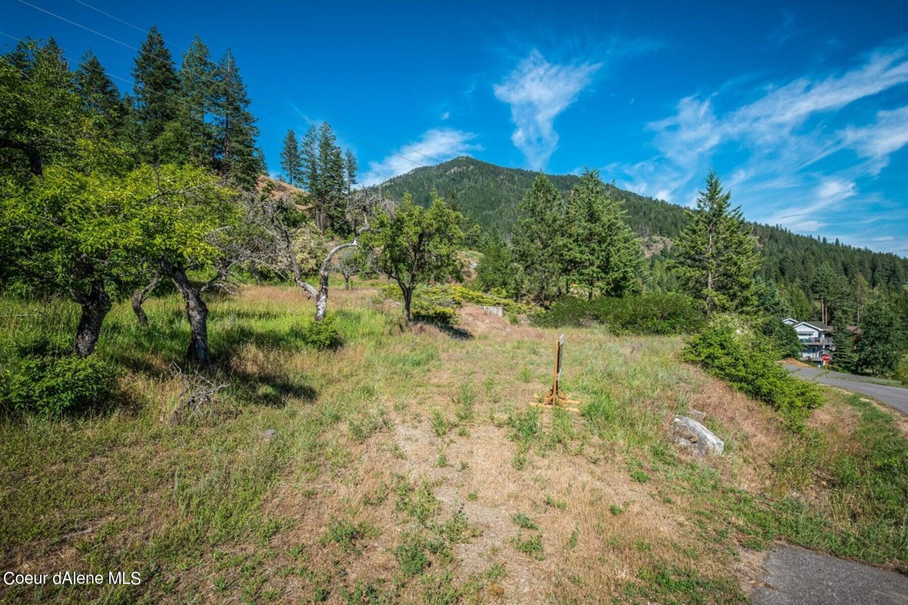 Vacant grassy lot with a marker, wooded mountain ridge, and neighboring home nearby.