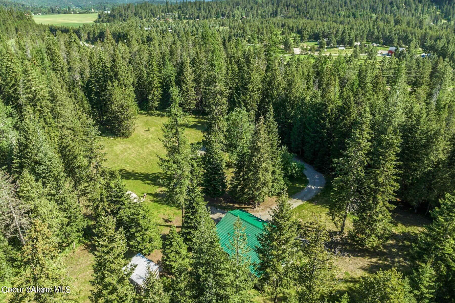 Aerial view of a forested property with a grassy clearing, winding driveway, and green-roofed buildings.
