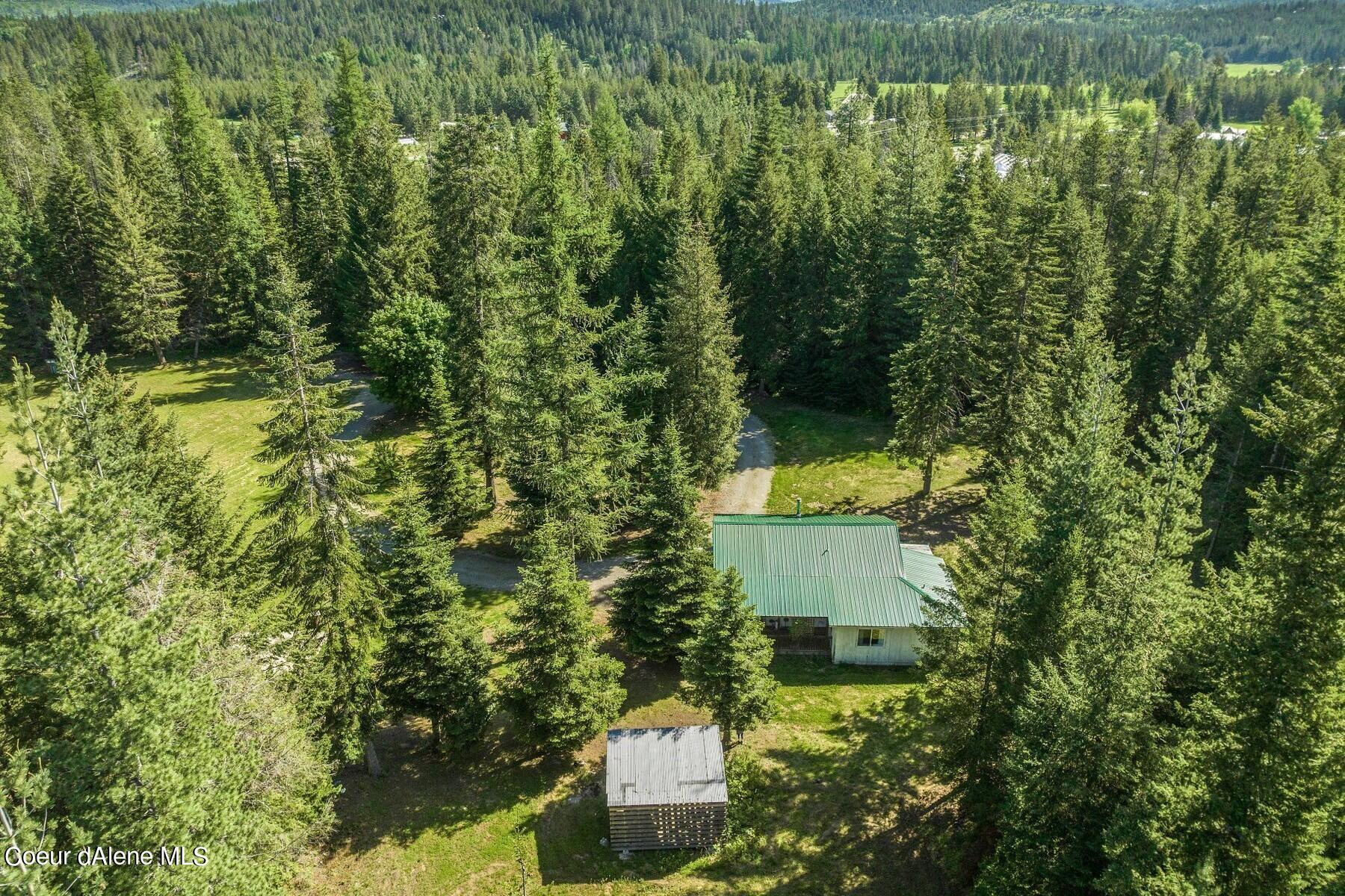 Aerial view of a green-roofed home and outbuilding surrounded by dense trees.