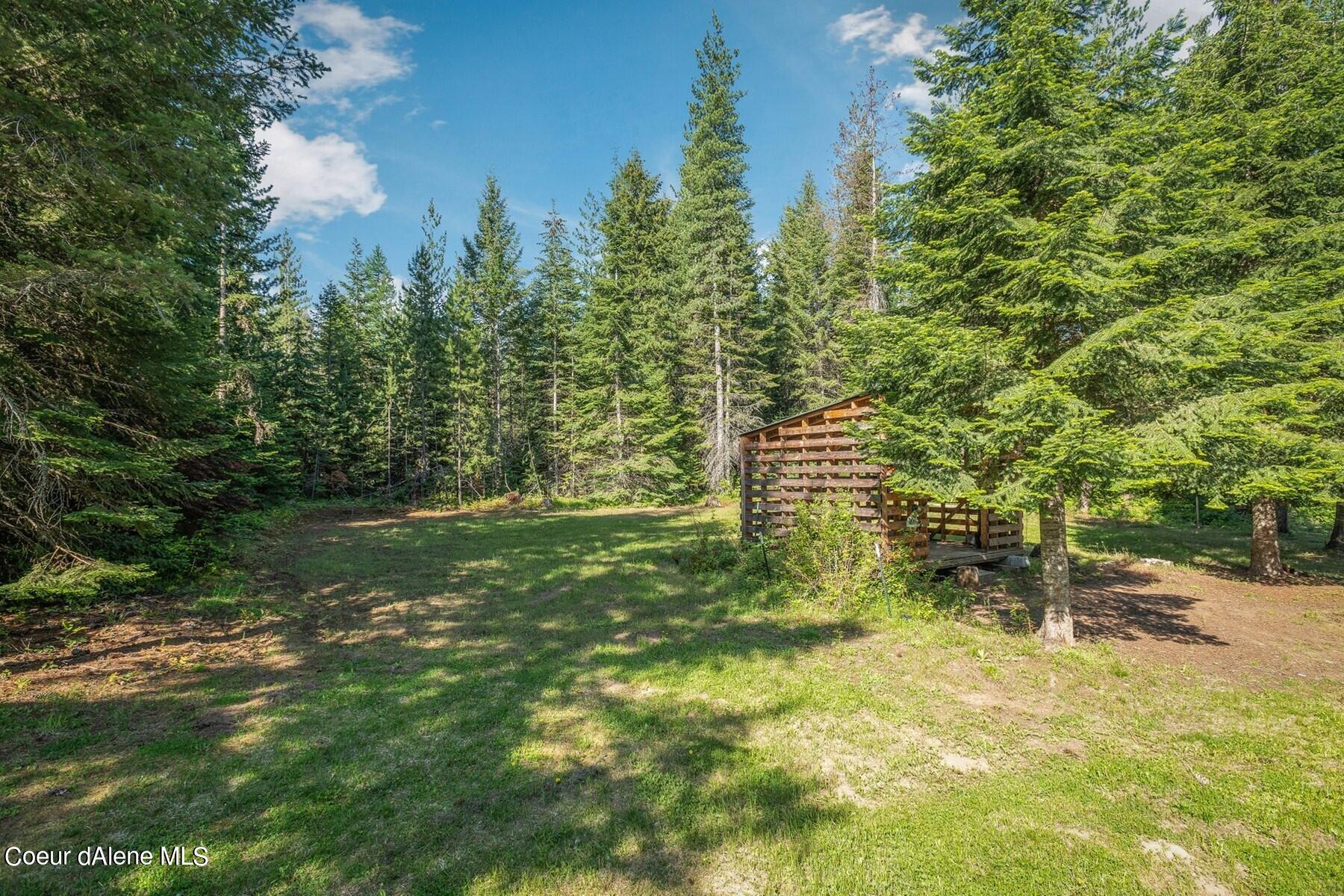 Wooded property clearing with a grassy lawn and a small wooden open-sided shelter.