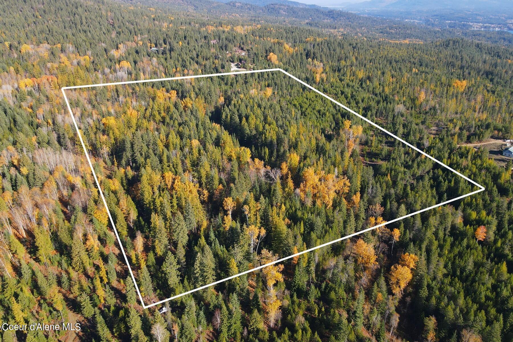 Aerial view of a wooded property outlined in white, with autumn foliage and forested hills beyond.
