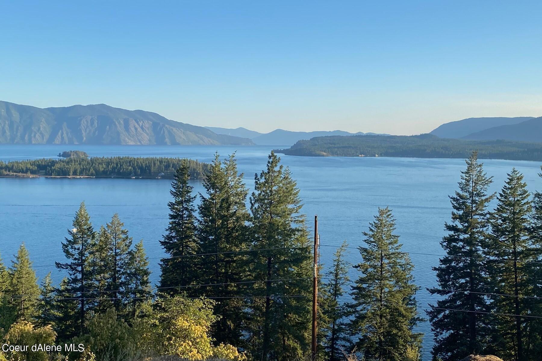 Broad lake view framed by evergreen trees, forested islands, and distant mountains.