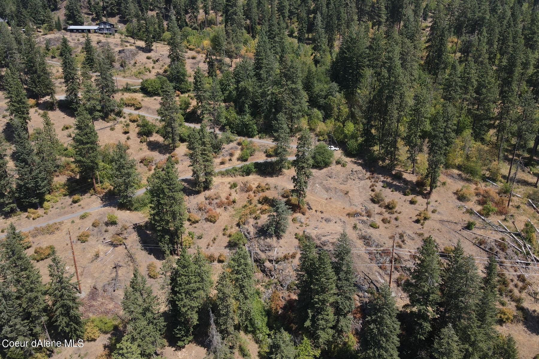Aerial view of partly cleared, forested land with winding roads and utility lines.