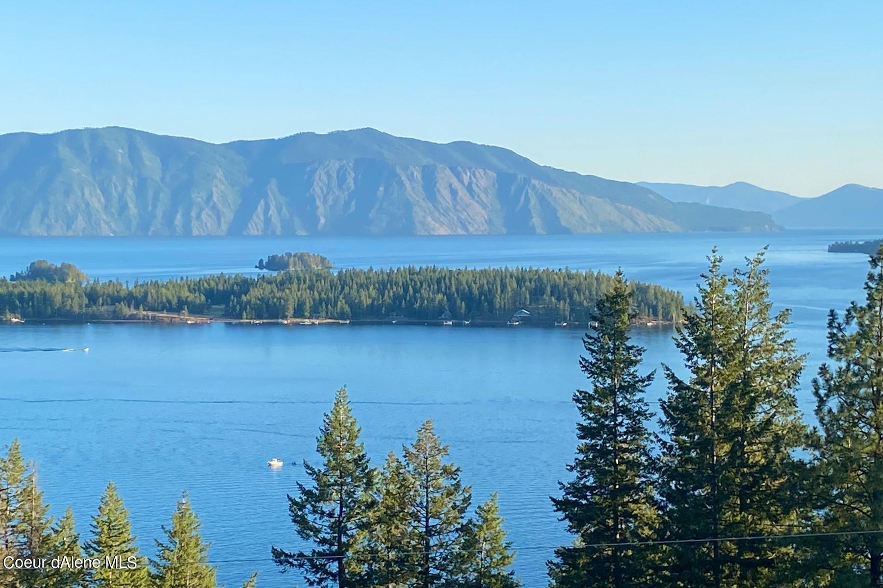 Blue lake and forested shoreline framed by evergreens, with rugged mountains across the water.