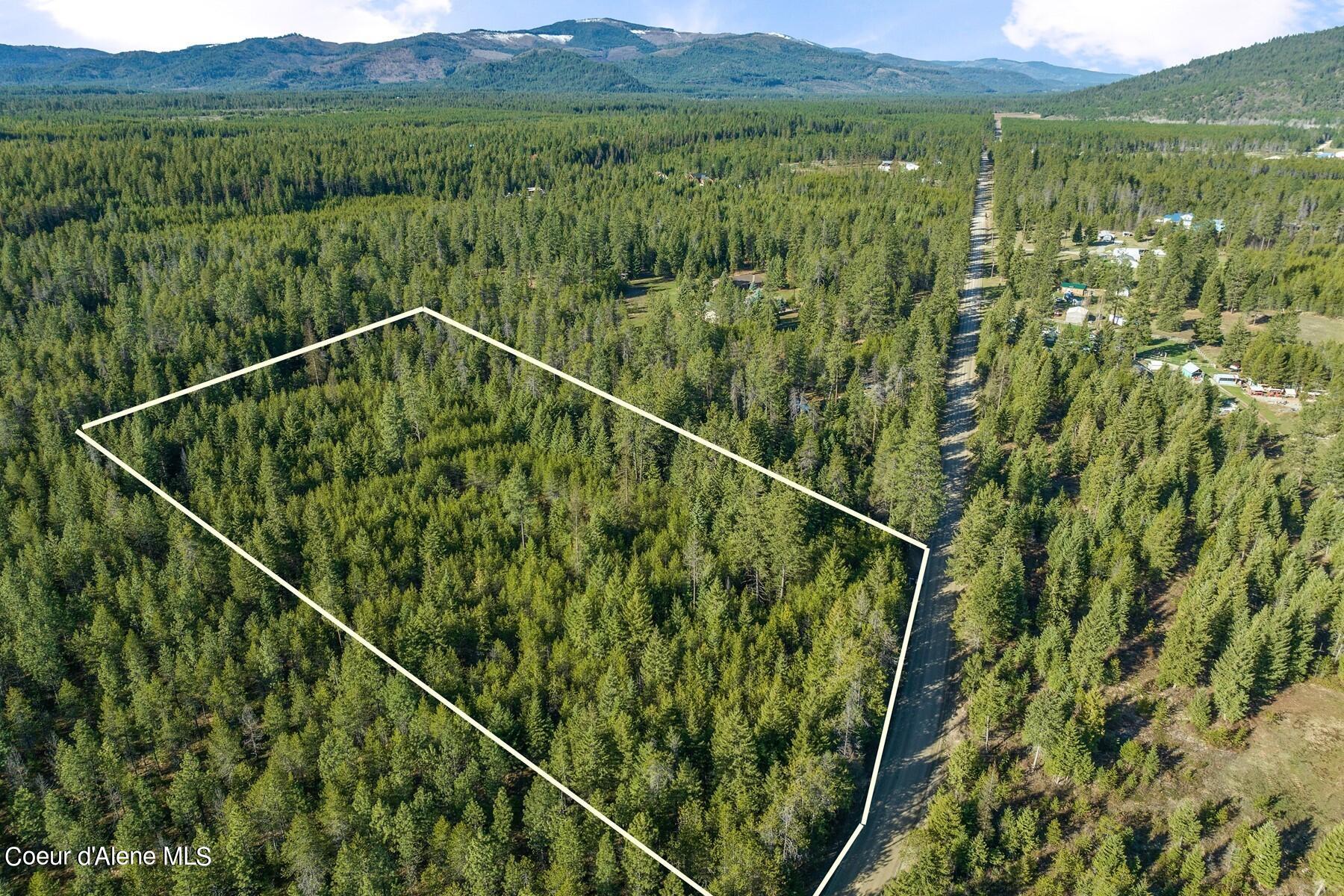 Aerial view of a forested parcel outlined beside a road, with mountain ridges in the distance.