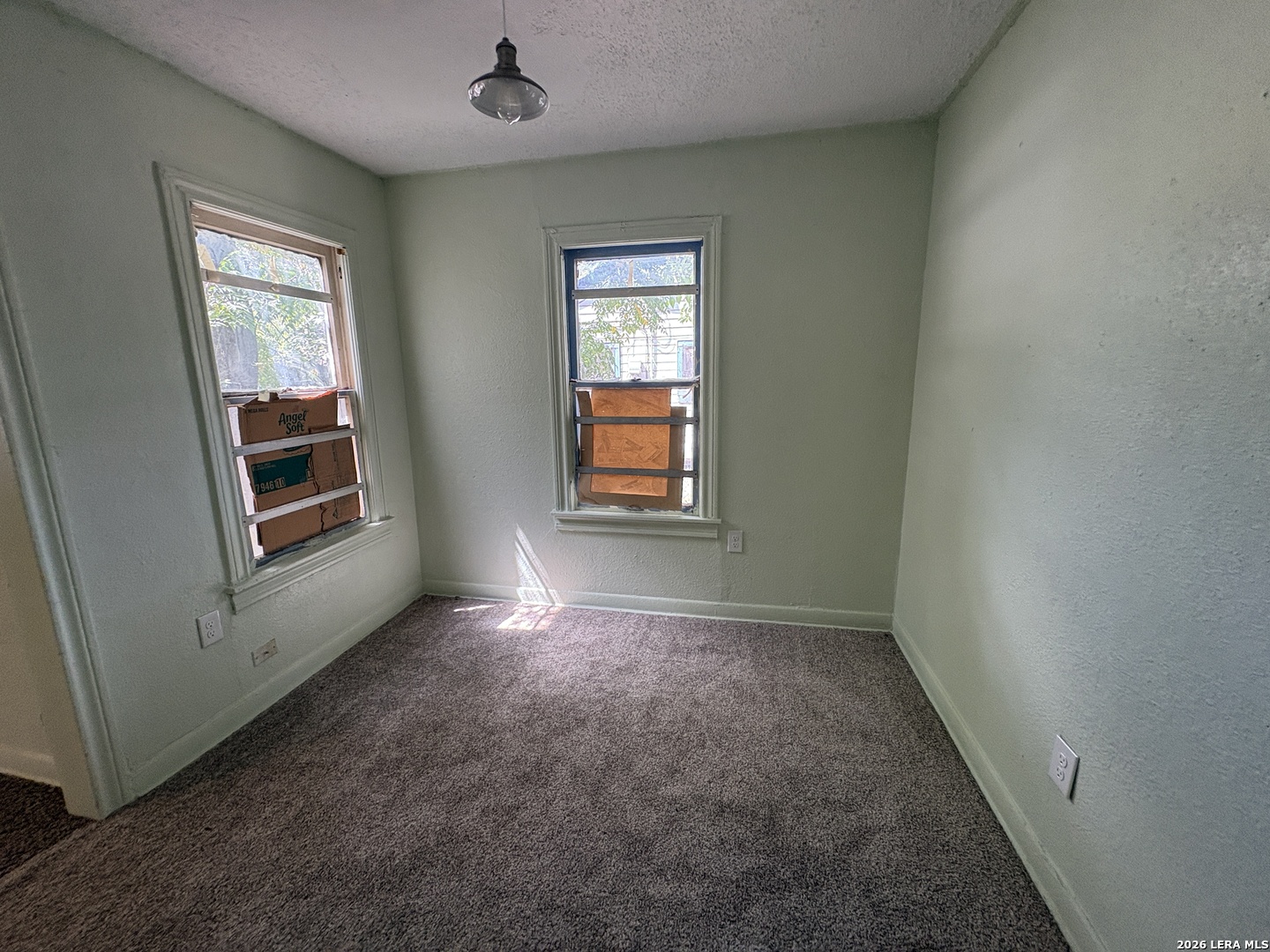 Empty carpeted bedroom with pale green walls and two windows partly covered by boxes.