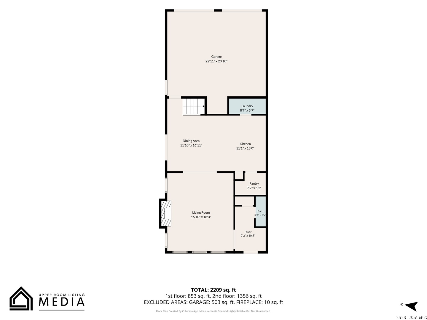 First-floor plan with garage, laundry, dining area, kitchen, pantry, living room, bath, and foyer.