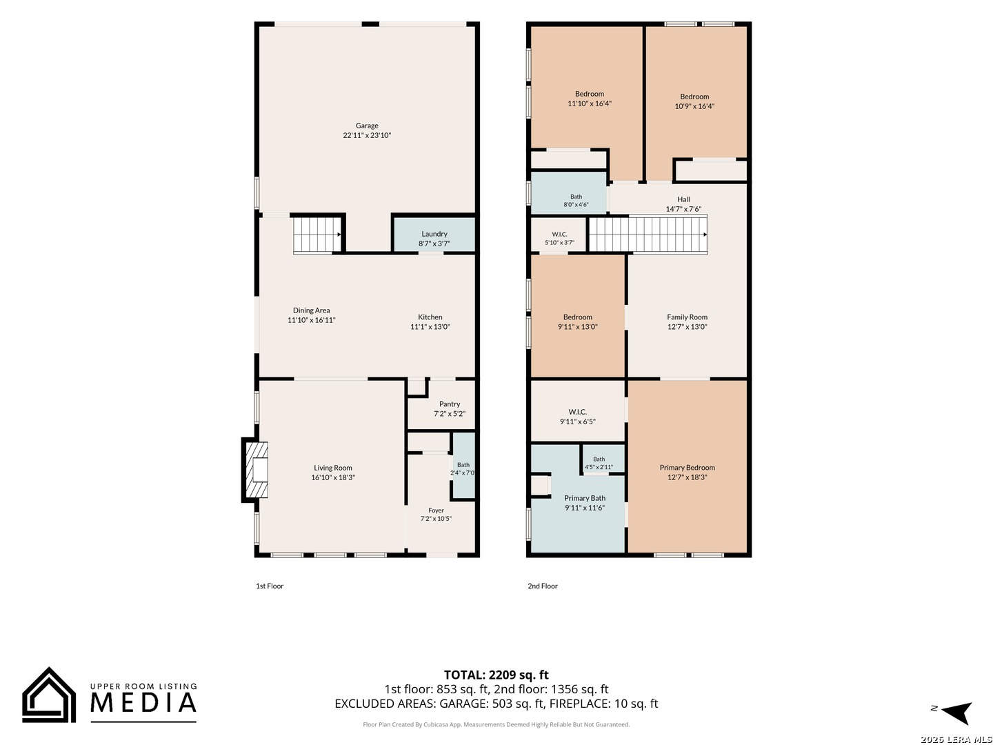 Two-story home floor plan with room labels and dimensions, totaling 2,209 square feet.