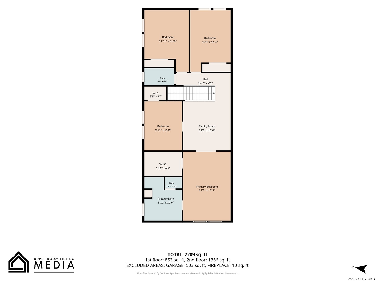 Two-story, four-bedroom floor plan totaling 2,209 square feet, with room labels and dimensions.