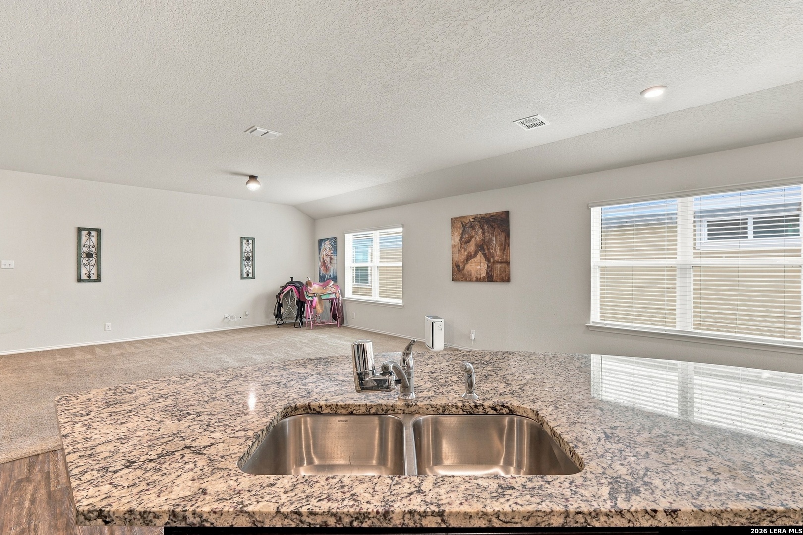 Granite kitchen island with double sink facing a carpeted living area and windows with blinds.