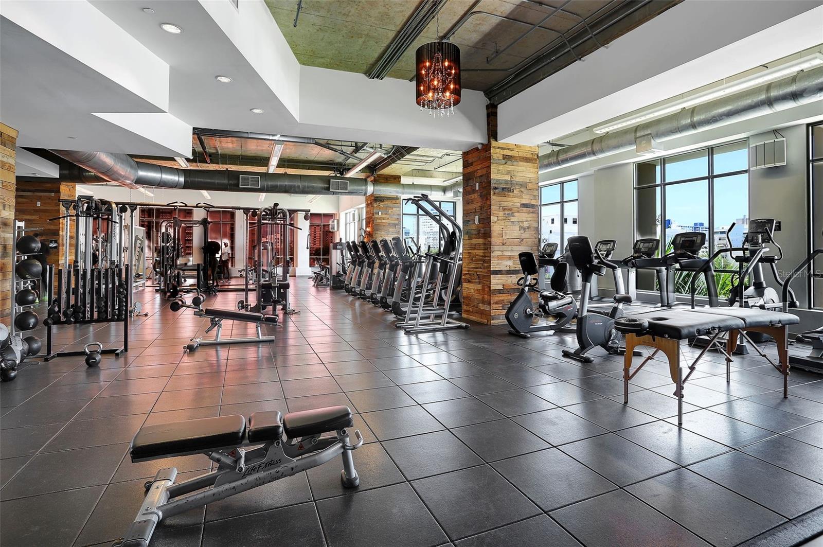 Fitness center with rows of cardio machines, weight equipment, and large windows.
