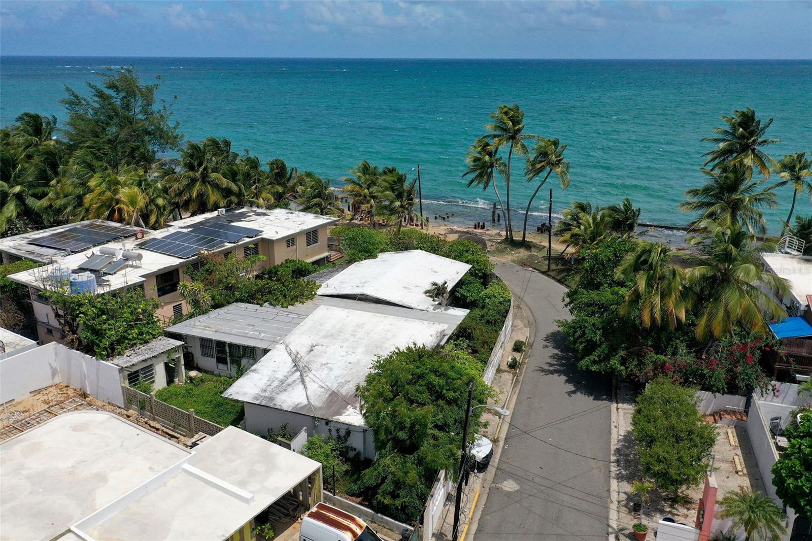 Aerial view of coastal homes and palm trees beside the turquoise ocean.