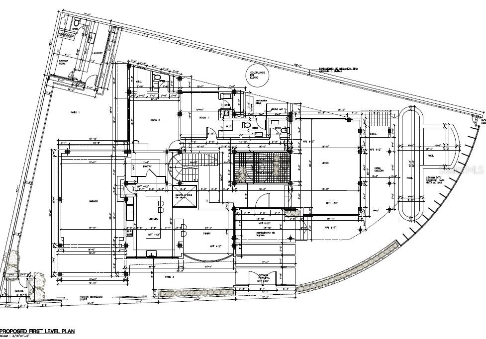 First-level floor plan showing the home layout, garage, patios, and pool.