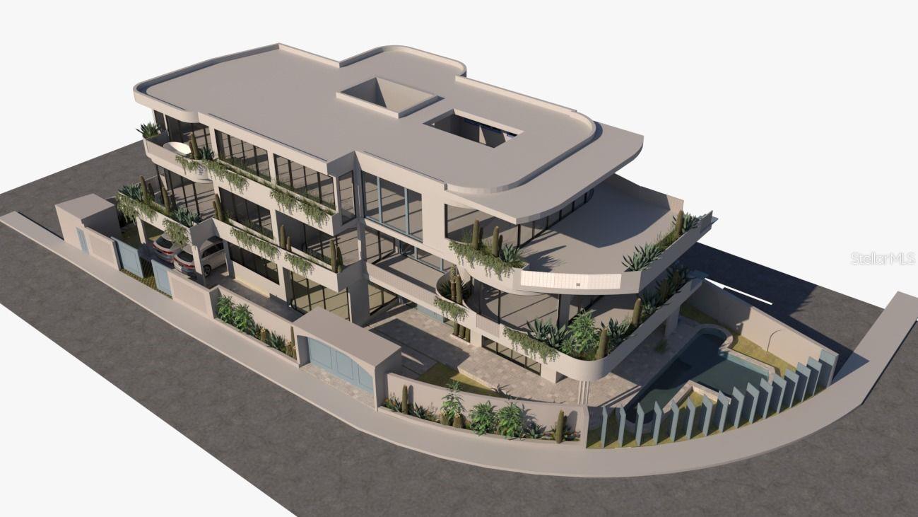 Modern multi-level villa with planted balconies and a courtyard pool, shown in an elevated rendering.