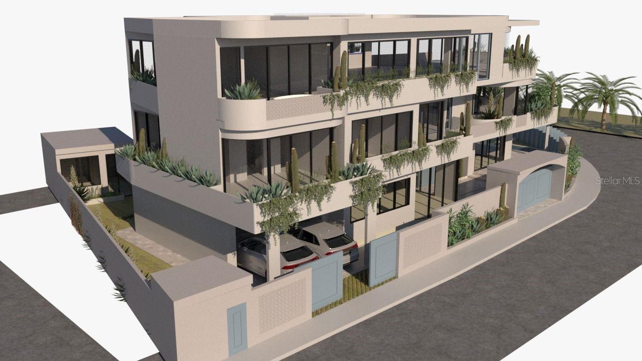 Modern multi-level residence with planted balconies, a gated perimeter, and covered parking.