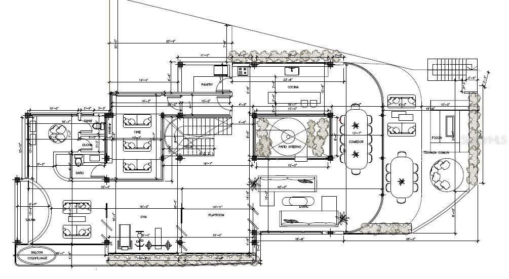 Floor plan with an interior patio, cinema room, gym, playroom, and outdoor terraces.