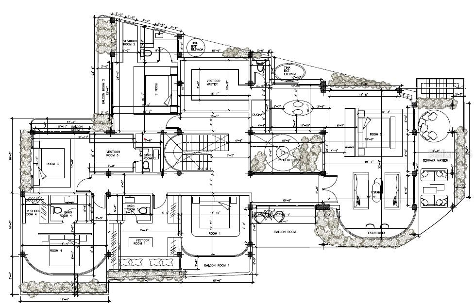 Floor plan of a multi-room residence with bedrooms, balconies, terraces, and an interior patio.