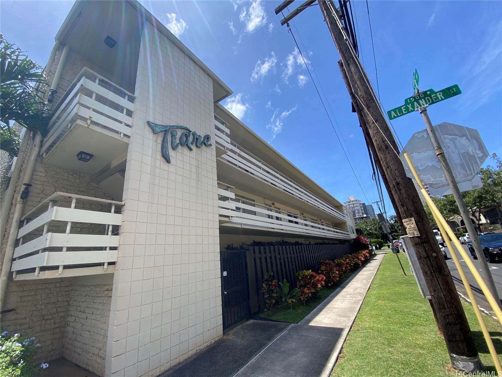 Tiare apartment building at the corner of Alexander Street, with exterior balconies and landscaping.