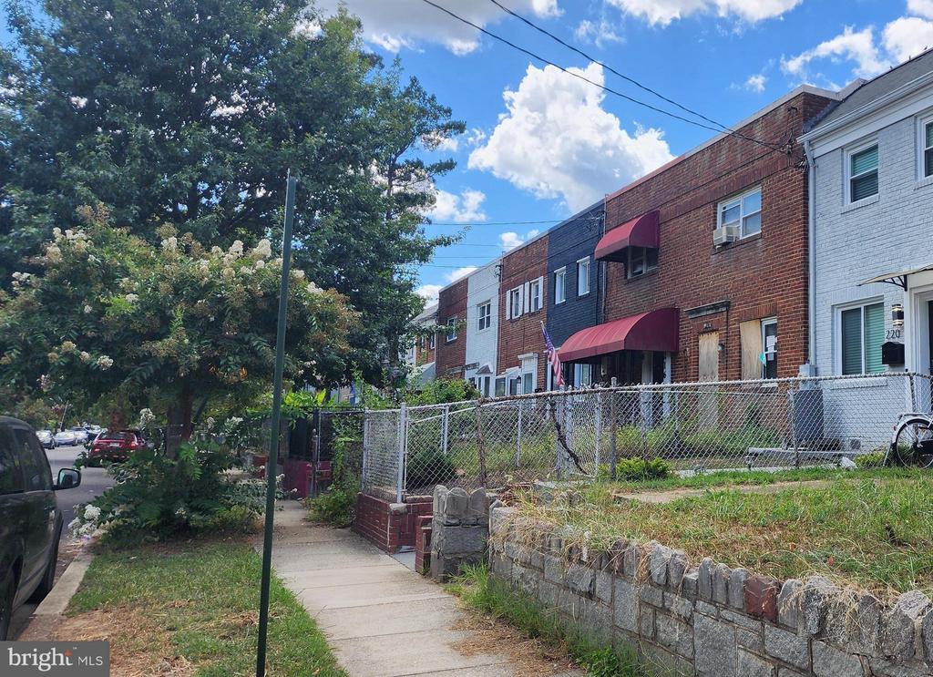 Attached brick and painted row houses behind a chain-link fence along a tree-lined sidewalk.