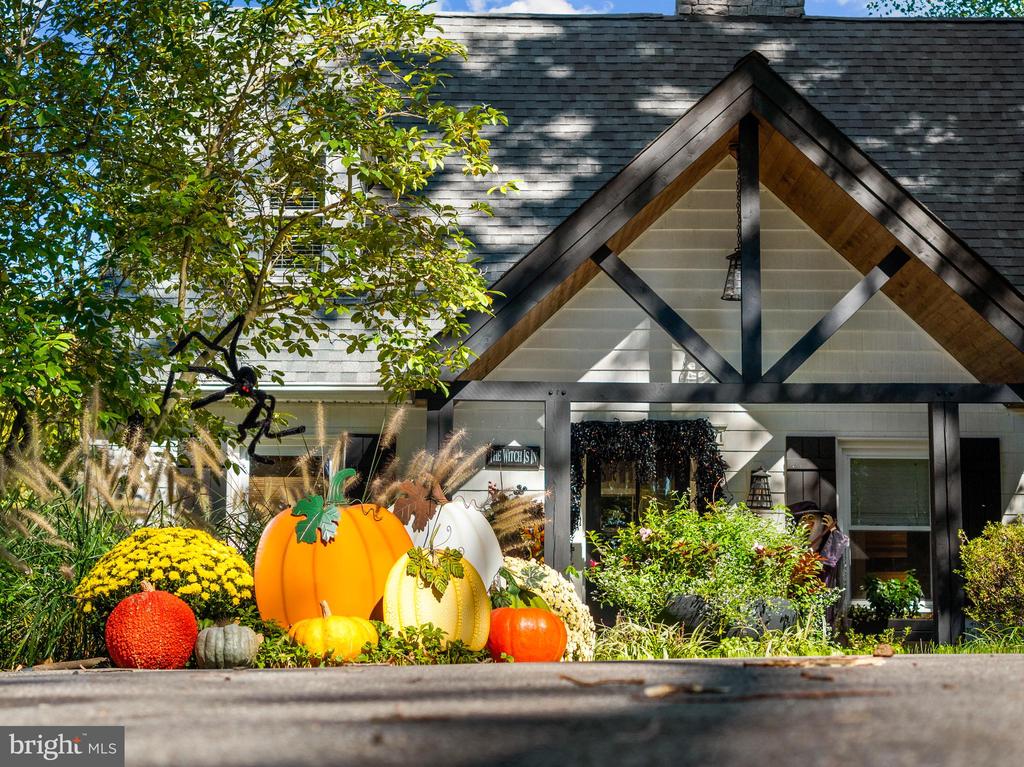 Shingled building with a timber-trimmed gable and a fall display of pumpkins and chrysanthemums.
