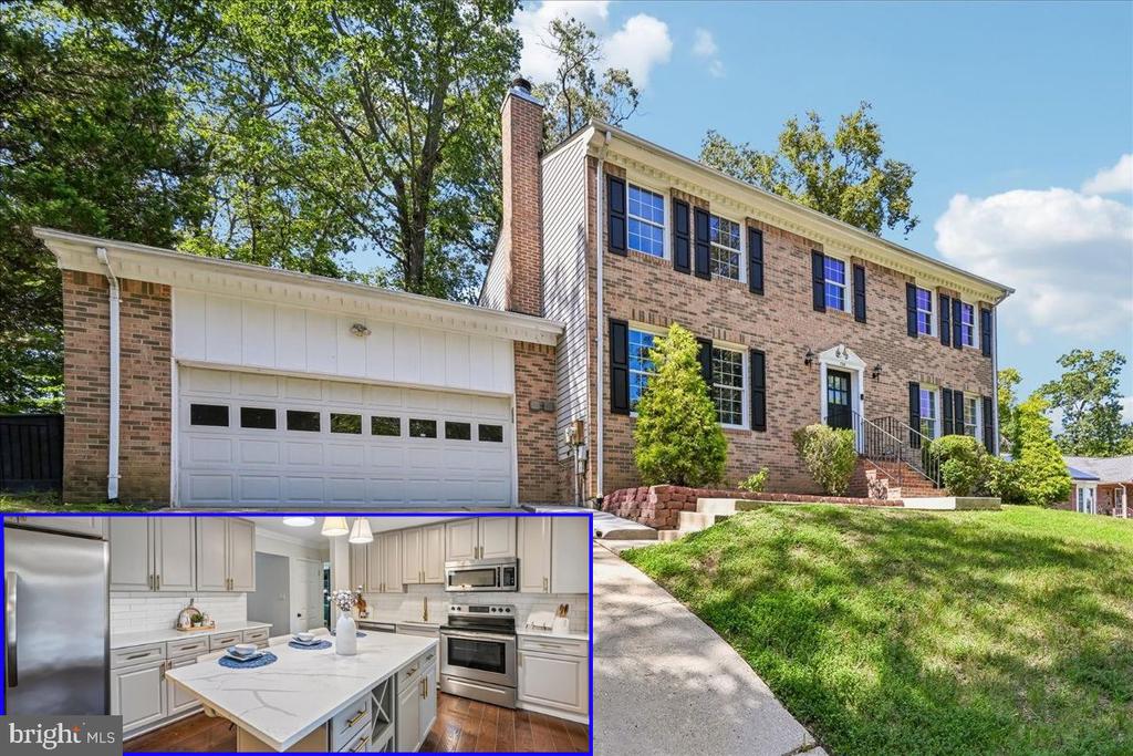 Two-story brick home with attached garage and an inset view of a bright remodeled kitchen.