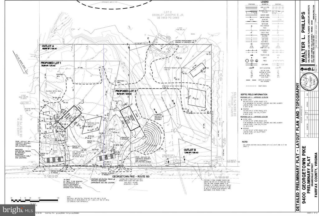 Preliminary plat of 9400 Georgetown Pike showing proposed lots, topography, structures, and access.