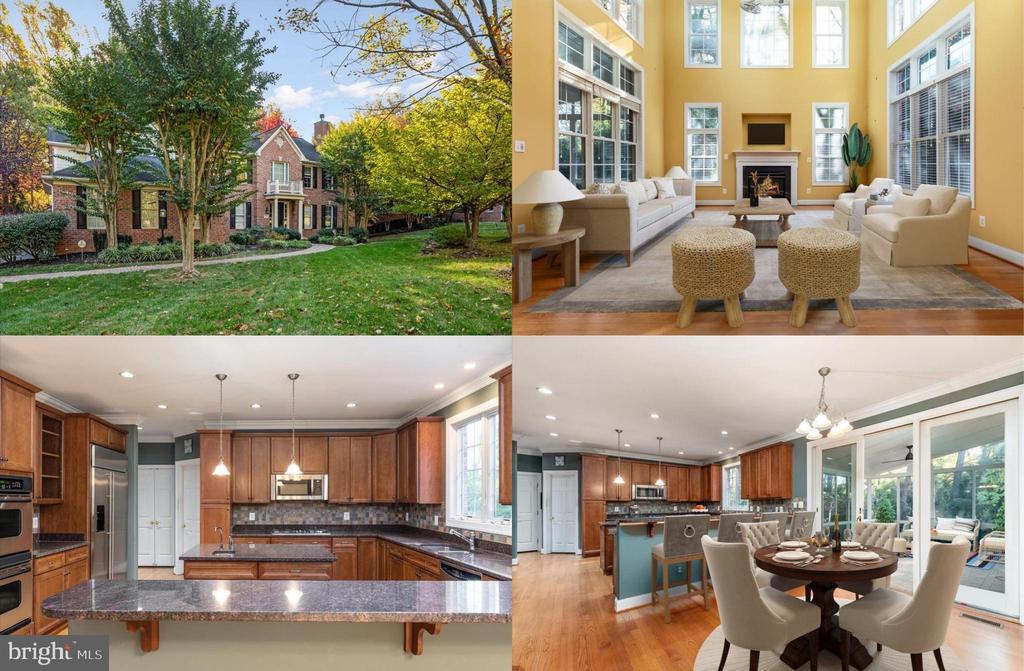 Home collage with a brick exterior, sunlit living room, wood-cabinet kitchen, and dining area.