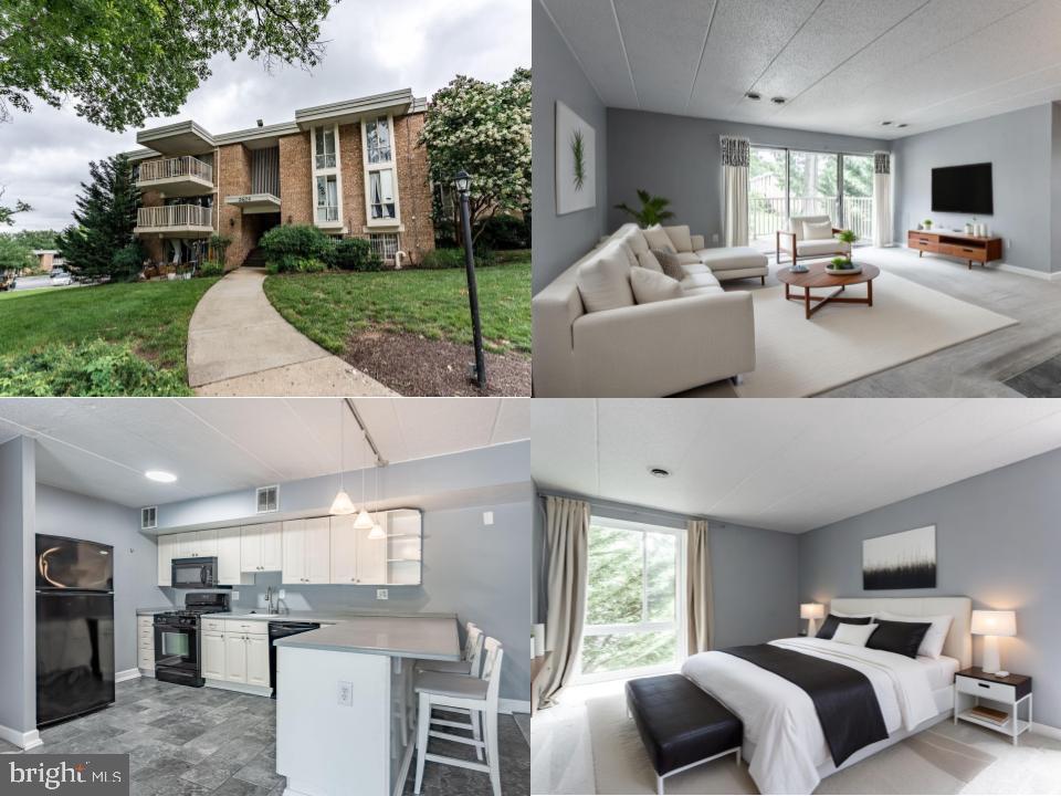 Brick apartment building exterior and furnished living room, kitchen, and bedroom.