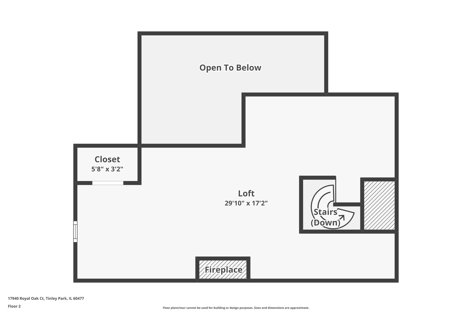 Second-floor plan showing a loft, closet, opening to below, stairs, and fireplace.