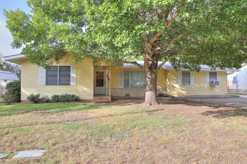 Single-story yellow house shaded by a large tree, with white shutters and a driveway.