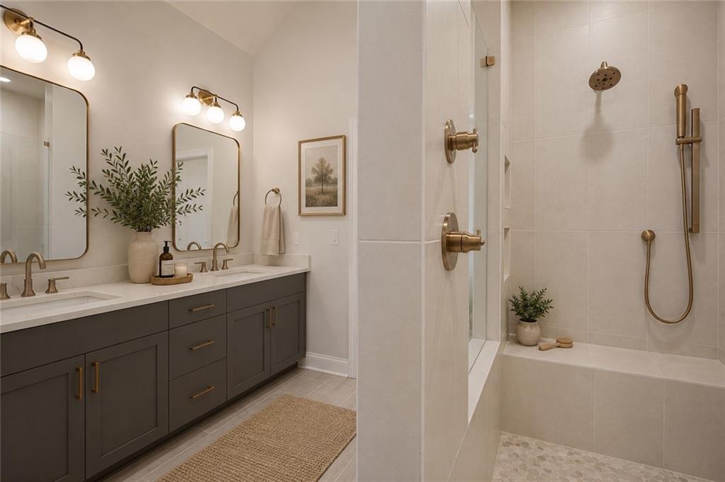 Bathroom with a double vanity, brass fixtures, and a light tiled walk-in shower.