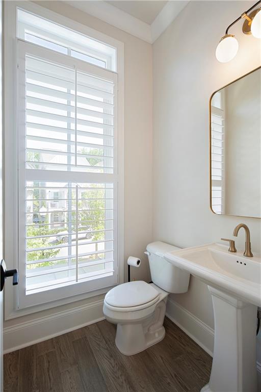 Powder room with plantation-shuttered window, white toilet and vanity, and brass fixtures.