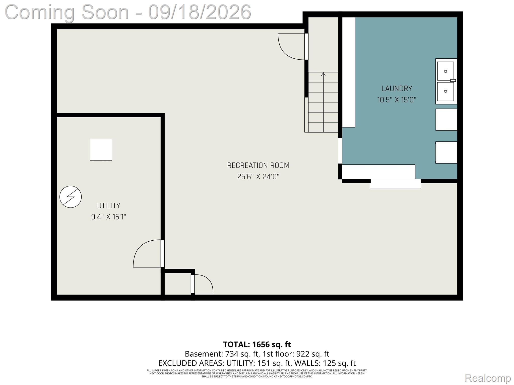 Basement floor plan with recreation room, utility room, laundry room, and room dimensions.