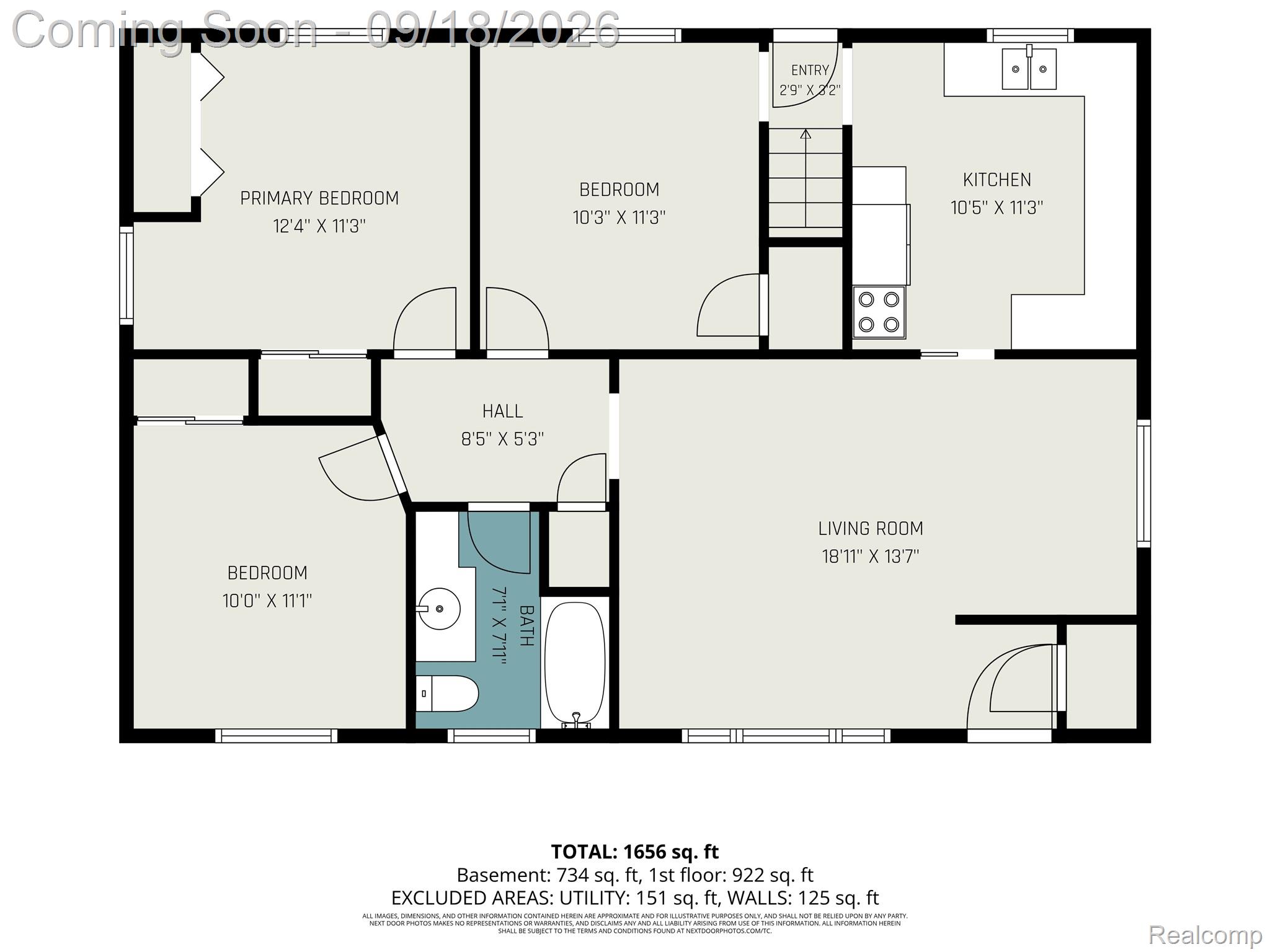 Floor plan showing a living room, kitchen, three bedrooms, bathroom, and room dimensions.